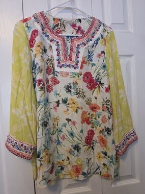 John Mark Floral Tunic with Yellow Sleeves and Multicolor Embroidery